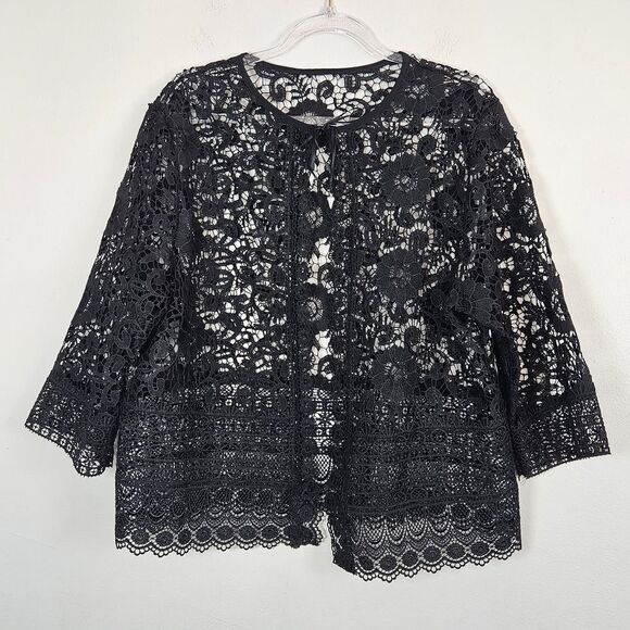 Elegant Black Whimsygoth Witch Lace Open Cardigan Tassle Tie - Picture 1 of 5